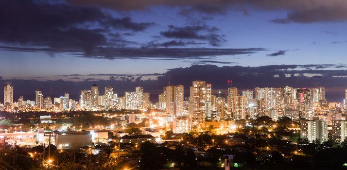 Night Falls Honolulu Downtown City Skyline Metropolis Hawaii Uni