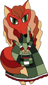 Vector drawing of a red fox in a green long-necked dress with a handbag on a white background