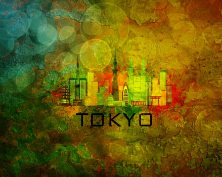 Tokyo Japan City Skyline with Paint Splatter Abstract on Grunge Texture Background Color Illustration
