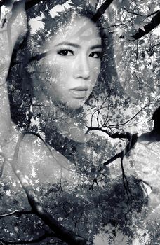 Double exposure portrait of Beautiful girl combined with photogr