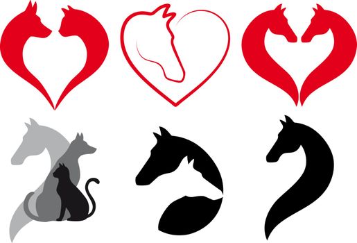 Cat, dog, horse heart, vector set