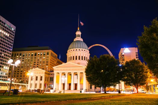 Downtown St Louis, MO with the Old Courthouse at night