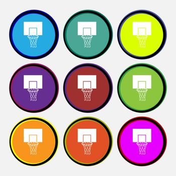 Basketball backboard icon sign. Nine multi colored round buttons. Vector