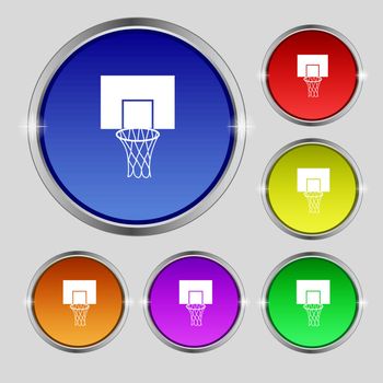 Basketball backboard icon sign. Round symbol on bright colourful buttons. Vector