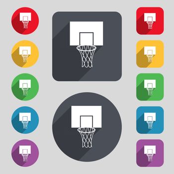 Basketball backboard icon sign. A set of 12 colored buttons and a long shadow. Flat design. Vector