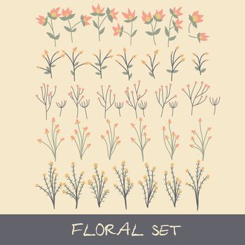 Vector floral set. Collection with leaves and flowers. Spring or summer design for invitation, wedding or greeting cards.