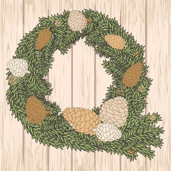 Christmas card with pine cones wreath on wooden background. Vect
