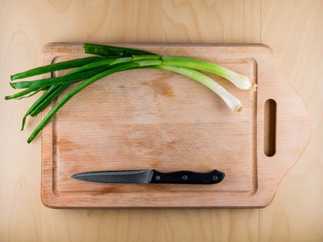 Bunch onion on wooden board with knife, copyspace