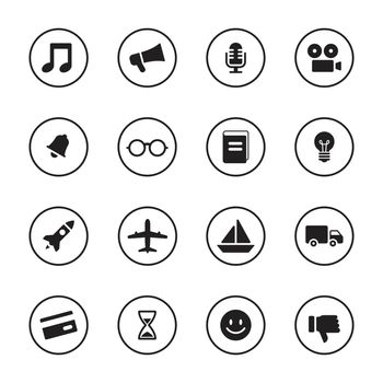 black flat transport and miscellaneous icon set with circle frame