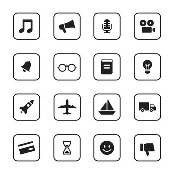 black flat transport and miscellaneous icon set with rounded rectangle frame
