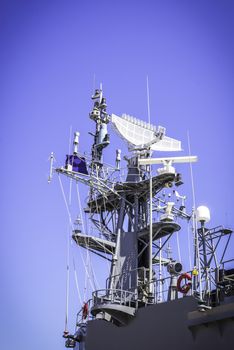 Radar on battleship with blue sky 