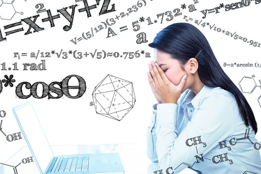 Composite image of worried businesswoman covering face