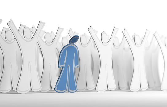 Many white character with arms raised and one blue person with his arms down. Conceptual illustration symbol of depression and mental health.