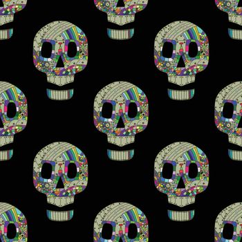 Colorful skulls on black background - seamless pattern