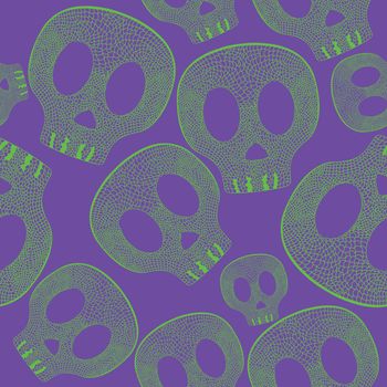 Vividl skulls on purple background - seamless psychedelic pattern
