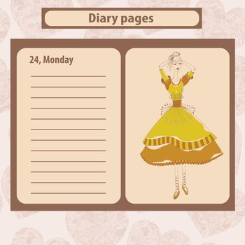 Diary or note pages with illustration of young fashion woman in boho style 