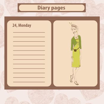 Diary or note pages with illustration of young fashion woman in boho style . 