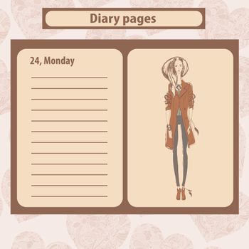 Diary or note pages with illustration of young fashion woman in boho style .