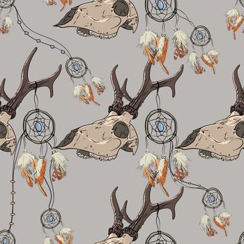 Seamless pattern with deer skull and dreamcatcher. Profile view. 