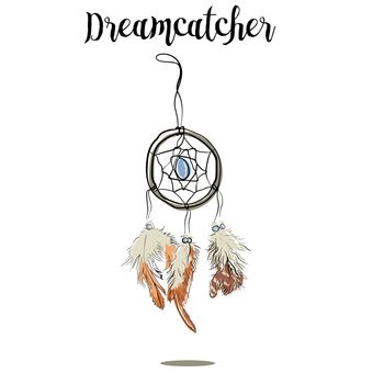 Hand-drawn with ink dreamcatcher with feathers. Ethnic illustration, tribal, American Indians traditional symbol. Tribal theme. 