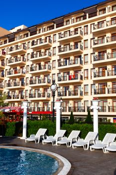 Hotel facade balconies in Golden Beach, Bulgary