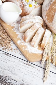 Breakfast items. Bakery Bread.Various Bread and Sheaf of Wheat Ears