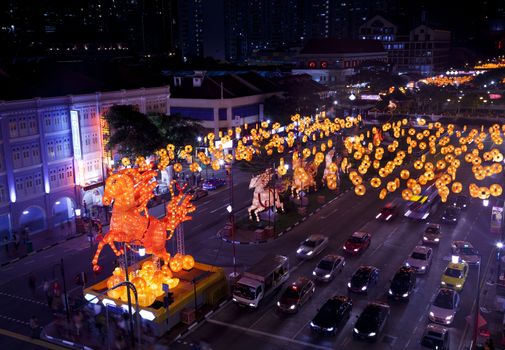 Horse lanterns displayed over South Bridge Road just before Chinese New Year Celebration for year of the Horse in Chinatown district of Singapore