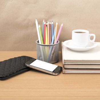 office desk : coffee with phone,stack of book,wallet,color box