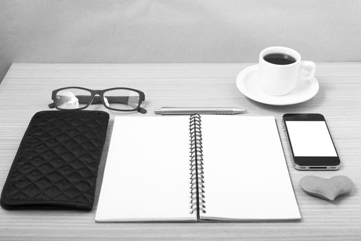 office desk : coffee with phone,notepad,eyeglasses,wallet,heart 