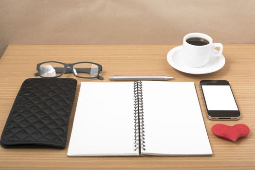 office desk : coffee with phone,notepad,eyeglasses,wallet,heart
