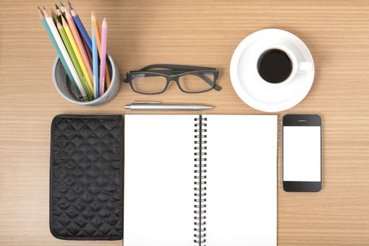 office desk : coffee with phone,notepad,eyeglasses,wallet,color 