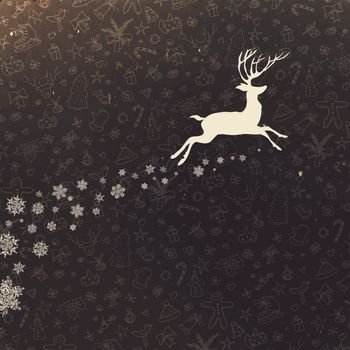 Deer silhouette on hand drawn Christmas background. Retro Merry Christmas Card Design