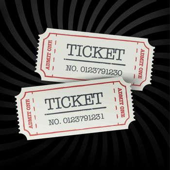 Two old-fashioned cinema tickets on dark sunburst monochrome bac