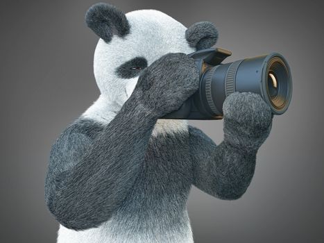 panda animail character photographer camera takes picture isolated background 3d cg render digital illustration
