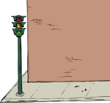 Stoplight near intersection and brick wall cartoon illustration