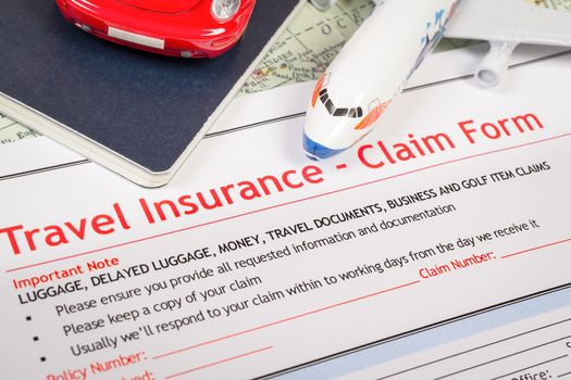 Travel Insurance Claim application form on table, business and r