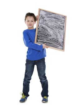 boy holding chalk board