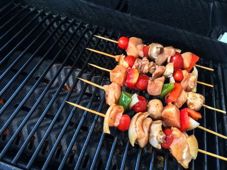 Meat and vegetable skewers ready to barbecue