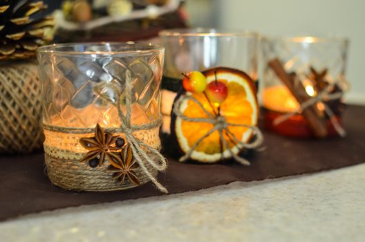 Handmade candle decor. Candle in glass jar