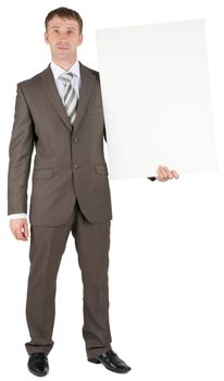 Business man holding blank banner