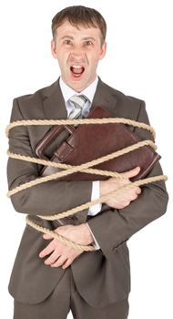 Businessman tied with rope screaming