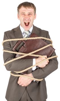 Businessman tied with rope screaming