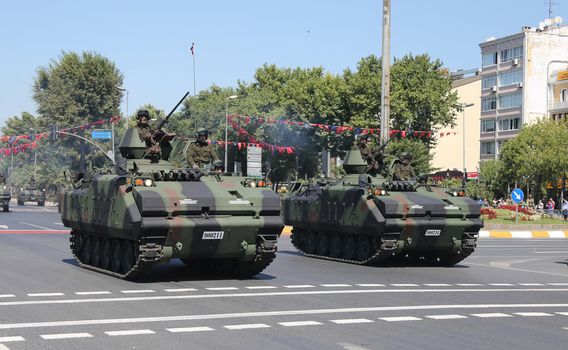 ISTANBUL, TURKEY - AUGUST 30, 2015: Armoured personnel carrier during 93th anniversary of 30 August Turkish Victory Day parade on Vatan Avenue