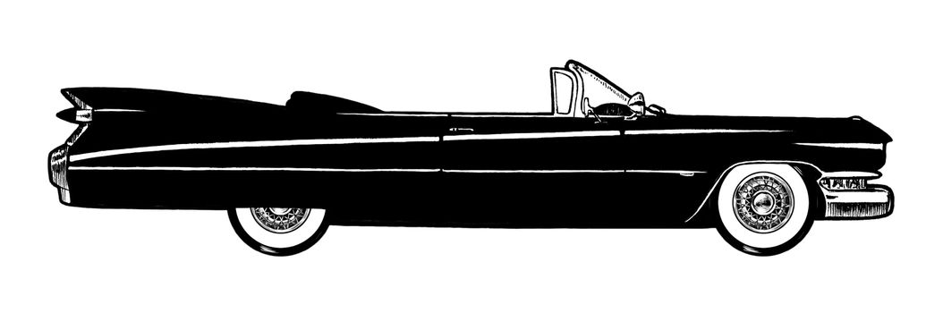 Black Authentic 1959 Classic Retro Car isolated on white background. Digital painting cartoon style illustration.