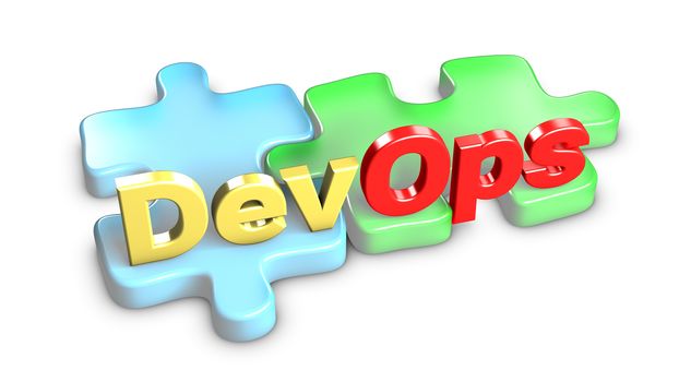 DevOps means development and operations. 3d rendering.