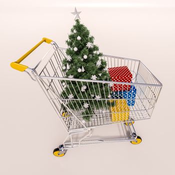 Shopping cart full of purchases in packages and Christamas tree