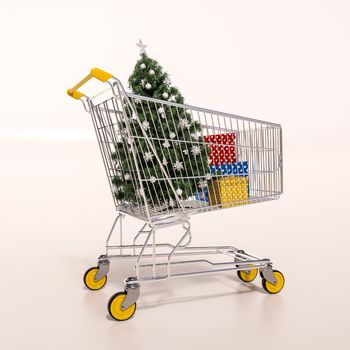 Shopping cart full of purchases in packages and Christamas tree