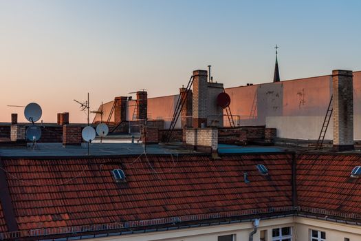 City townhouse roofs, afternoon