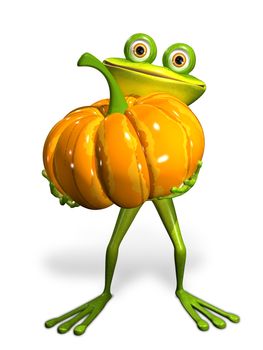 3d Illustration frog with a pumpkin on a white background