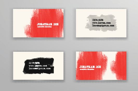 Creative business card templates with minimalistic design. Abstract red and black ink brush strokes. Painting. Wallpaper with empty space for your text. Decoration set. Vector Illustration.